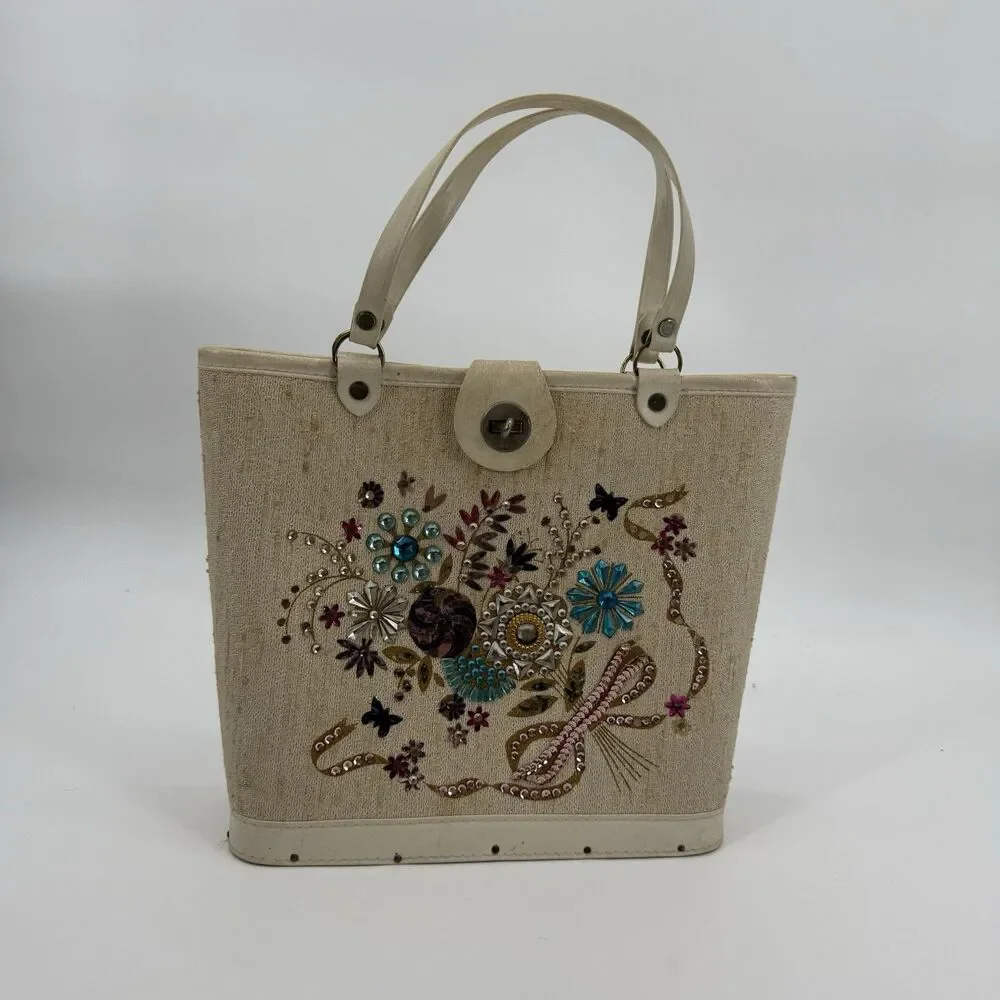 Vintage 60s Jewel Tone  Wood Tote Handbag Collins Style Purse Floral Bucket
